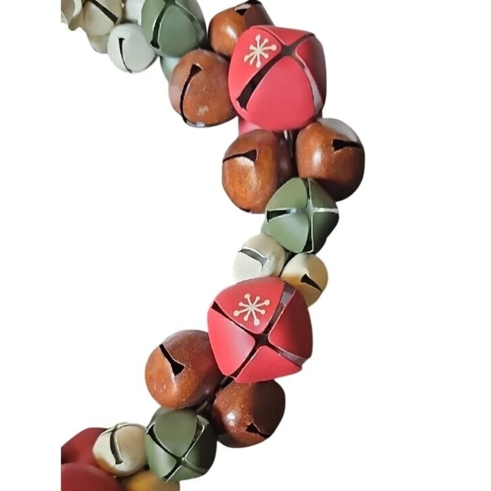 Rustic Christmas Jingle Bell Wreath Red Green Brown Metal Holiday Decor 10 Inch